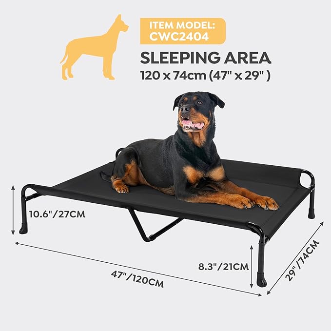 Veehoo Cooling Elevated Dog Bed, Raised Dog Beds for Large Dogs, Outdoor Dog Bed with Guardrail, Upgraded Non-Slip Feet, Breathable Teslin Mesh, Portable Camping Dog Cot, 47 x 29 Inches, Black