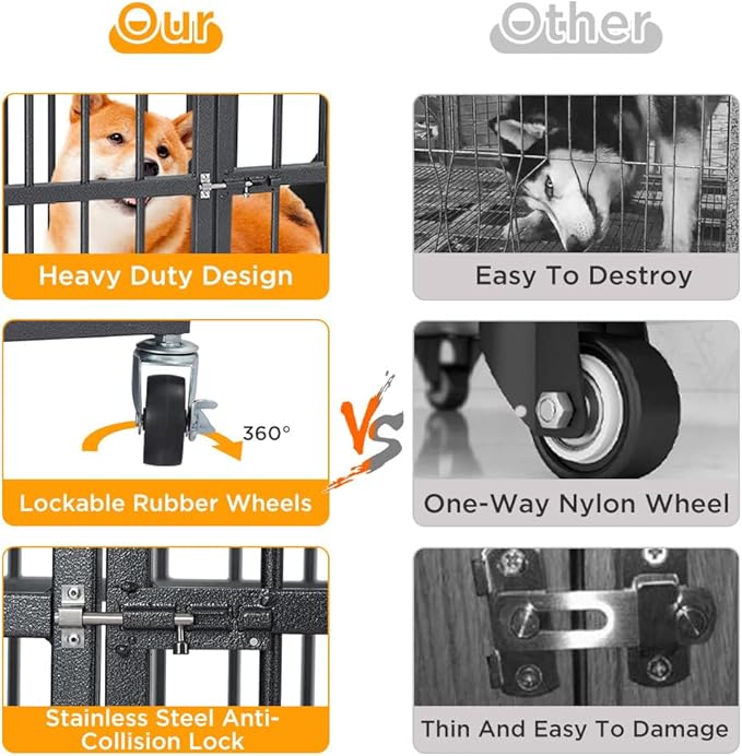 42inch Heavy Duty Indestructible Dog Crate Steel Escape Proof,Indoor Dog House High Anxiety Cage,Kennel with Wheels,Removable Tray