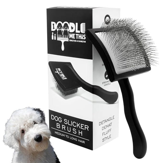 Doodle Me This | Slicker Brush for Dogs. Ergonomic black brush with extra-long stainless steel pins, easy for dematting, detangling, Groom Like a Pro at Home dog brush for shedding.