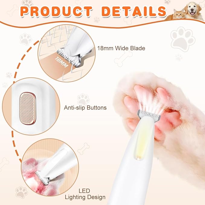 Dog Paw Trimmer, Paw Trimmer for Dogs with LED Light,Waterproof,Rechargeable Pet Paw Trimmer,18 mm Widen Blade,Low Noise Dog Hair Trimmer Dog Trimmer for Dogs Cats Paws Face Eyes Ears Rump