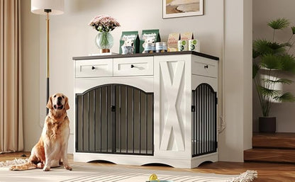 Ball & Cast 43.3" 2-in-1 Dog Crate Furniture,Modern Indoor Kennel with 2 Drawers&Storage Shelves,Double Doors&Double Locks Design for 41-70 lbs Dogs,Living Room,Kitchen,Entryway Side Table,White