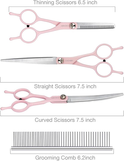 Dog Grooming Scissors, 5 in 1 Dog Scissors for Grooming, Professional Stainless Steel Pet Shears, Sharp, Pink