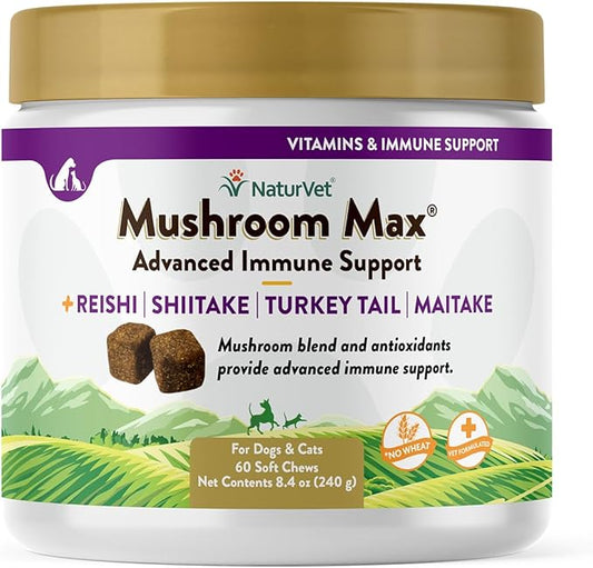 NaturVet Mushroom Max Advanced Immune Support Dog Supplement  Helps Strengthen Immunity, Overall Health for Dogs  Includes Shitake Mushrooms, Reishi, Turkey Tail  60 Ct.