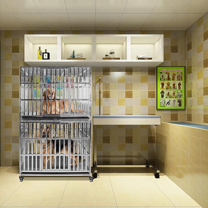 42" Stainless Steel Dog Crate Stackable Heavy Duty Pet Kennel Foldable Indestructible Dog Cage Playpen with Lockable Rolling Wheels, Double Door and Removable Tray for Medium and Large Dogs