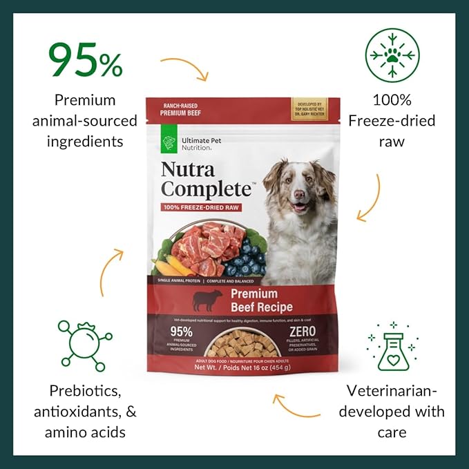 ULTIMATE PET NUTRITION Nutra Complete, 100% Freeze Dried Veterinarian Formulated Raw Dog Food with Antioxidants Prebiotics and Amino Acids (1 Pound, Beef)