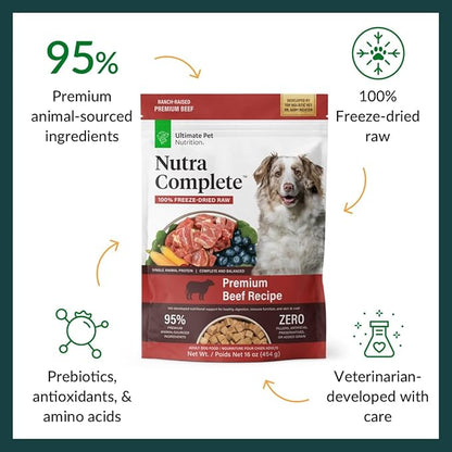ULTIMATE PET NUTRITION Nutra Complete, 100% Freeze Dried Veterinarian Formulated Raw Dog Food with Antioxidants Prebiotics and Amino Acids (1 Pound, Beef)