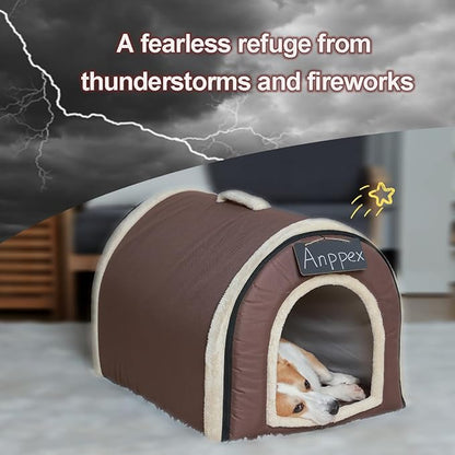 ANPPEX Small Igloo Dog House Indoor,M Size Dog Cave for Small Dogs and Cats,2-in-1 Washable Covered Dog Bed,Brown