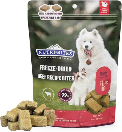 NutriBites Freeze Dried Beef Recipe Dog & Cat Treats, 4oz | Healthy Pet Training Treats or Food Topper | All Natural, Single Ingredient, High Protein | Great for Puppy, Small, Medium, or Large Breeds