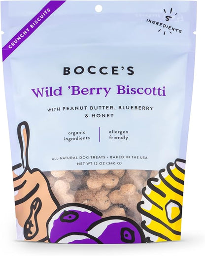 Bocce's Bakery All-Natural, Small Batch, Organic Dog Treats, Wild 'Berry Biscotti Biscuits, Wheat-Free, Limited-Ingredient, Made in The USA with 100% Recyclable Packaging, 12 oz Bag (DG-BC-WBB)