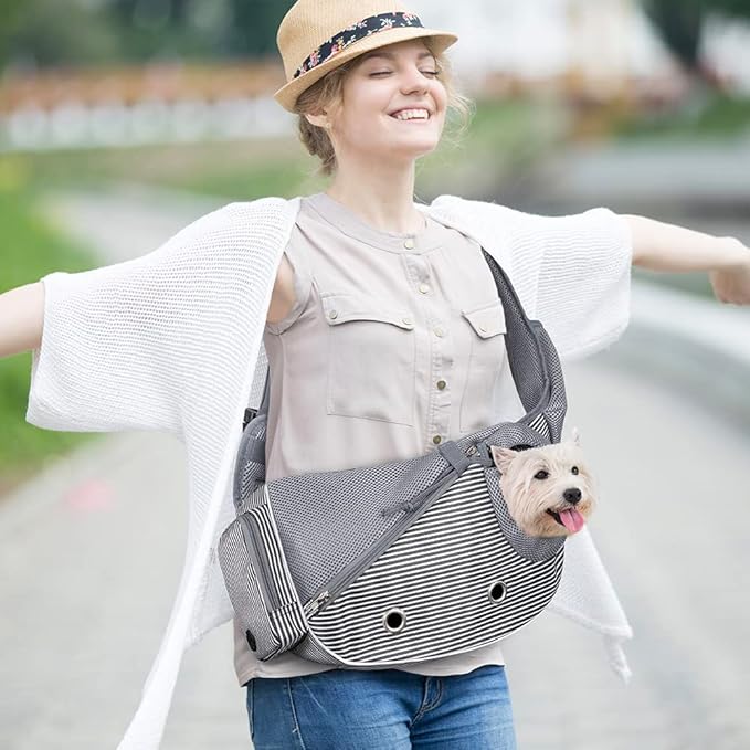 PetAmi Dog Sling Carrier for Small Dogs, Puppy Carrier Sling Purse, Dog Bags For Traveling, Carrying Bag to Wear Medium Cat, Adjustable Crossbody Pet Travel Poop Bag Dispenser, Max 5 lbs, Stripe Black