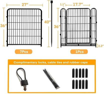 36 in(H) Garden Fence With Gate, Wide Gate Low Threshold, 8 Panels Total 17.7 ft(L) Heavy Duty Iron Animal Barrier Fence For Yard, Suitable For Indoor Or Outdoor Dog Fencing,Garden Border Fence