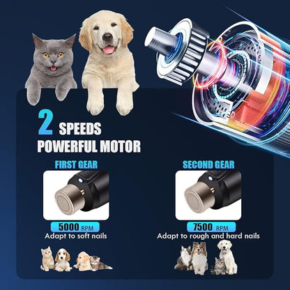 Dog Nail Grinder with LED Light, 2 Speeds Pet Dog Cat Nail Trimmers and Nail Clippers Set Low-Noise Rechargeable Pet Nail Grinder with 2 Grinding Wheels for Large Medium Small Animal Nail Care