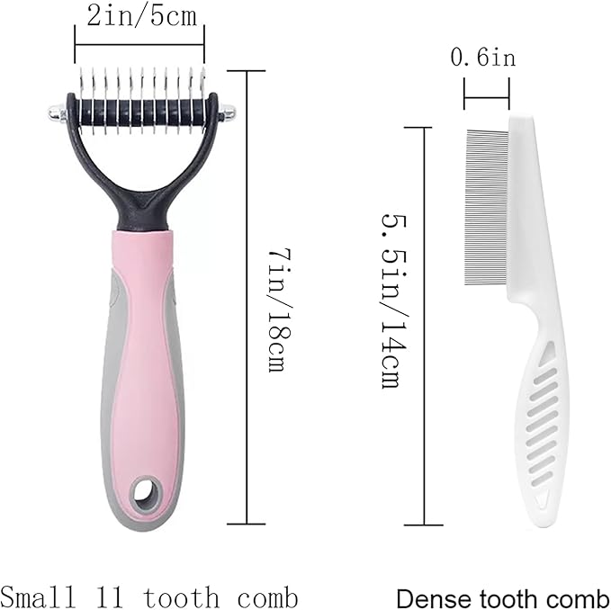 Double-Sided Undercoat Rake Comb and Flea Comb Set for Pet Grooming - Dematting Tool for Dogs and Cats (Pink/11-Tooth)