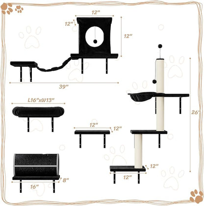 NUNU LAB 7-in-1 Wall Mounted Cat Climber Set, Cat Furniture with House, Tunnel, Bridge, Steps, Scratcher, Hammock, Shelves for Indoor, Black