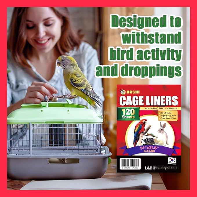 HASHI Bird Cage Liner - 120 Disposable Sheets Made from Acid-Free Newsprint. Non-Toxic for Birds, Ideal for Packing, Pet Cages, Crafts, Shipping, and Moving. Easy to Clean (31"x21.5")