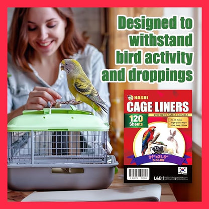 HASHI Bird Cage Liner - 120 Disposable Sheets Made from Acid-Free Newsprint. Non-Toxic for Birds, Ideal for Packing, Pet Cages, Crafts, Shipping, and Moving. Easy to Clean (31"x21.5")