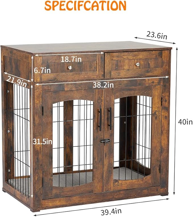 Dog Crate Furniture with Double Drawers, Wooden End Table Dog Kennel, Furniture Style Wood House Crate for Large Dogs, Decorative Dog Crate with Storage for Large Breed, 40 Inch Retro