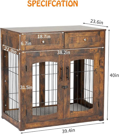 Dog Crate Furniture with Double Drawers, Wooden End Table Dog Kennel, Furniture Style Wood House Crate for Large Dogs, Decorative Dog Crate with Storage for Large Breed, 40 Inch Retro