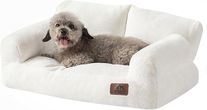 Hollypet Fluffy Plush Pet Cat Couch Soft Calming Pet Sofa Beds for Medium Small Cats and Dogs, White
