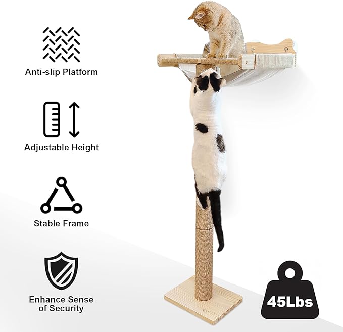 Cat Window Perch with Scratching Post, 46" Adjustable Tall Scratching Posts & Suction Cup – Multi-Level Perch for Climbing, Bird Watching, and Play, Supports 45 lbs (Drilling-Free)