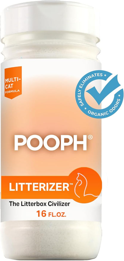 POOPH® LITTERIZER™ – The Litter Box Civilizer Helps Cut Litter Cost in Half Eliminates Organic Odor On-Contact Absorbs And Helps Keep Litter Dry NO Fragrance NO Harsh Chemicals Safe Effective