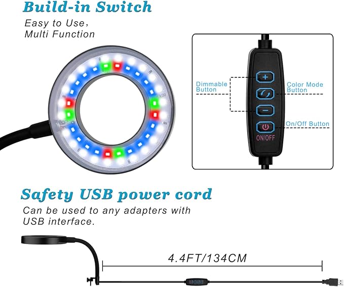 DOMICA Clip On Aquarium Light for 1 to 3 Gal Fish Tank (Dimmable White+Blue+Red LED) USB Moving Lamp for Open Terrarium (Adapter NOT Included)