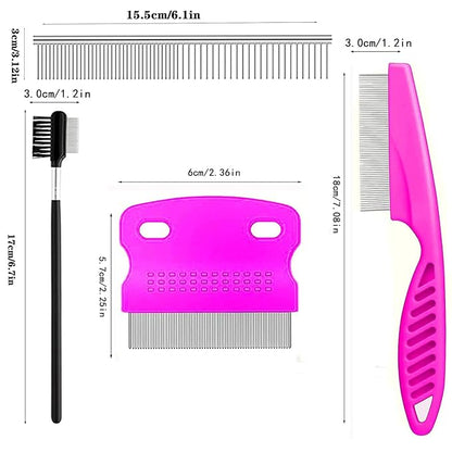 4 Pcs Pet Grooming Kit for Small Long and Short Haired Dogs, Cats & Puppies, Flea & Lice Comb, Tear Stain Remover, Fine-Toothed Comb for Knots, Crust & Mucus (Pink)
