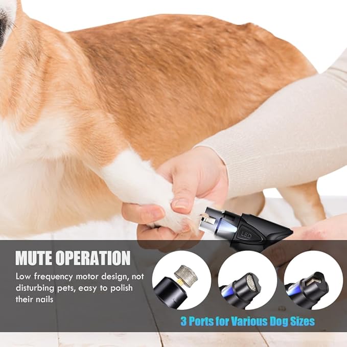 Dog Nail Grinder with LED Light, 2 Speeds Pet Dog Cat Nail Trimmers and Nail Clippers Set Low-Noise Rechargeable Pet Nail Grinder with 2 Grinding Wheels for Large Medium Small Animal Nail Care