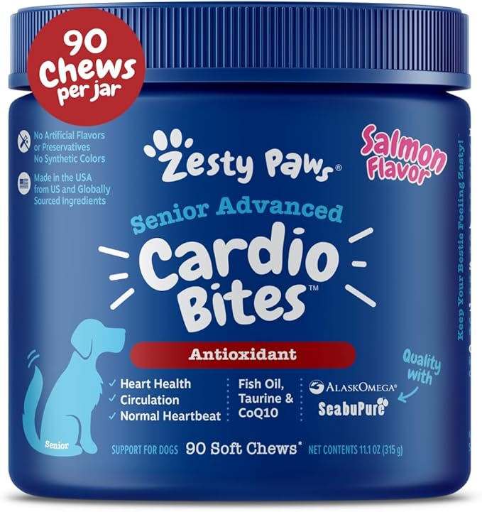 Zesty Paws Cardiovascular Support for Dogs - Taurine for Dogs - with CoQ10, L Carnitine & Sea Buckthorn - Senior Heart Health - AlaskOmega Fish Oil Omega 3 - Senior - Salmon - 90 Count