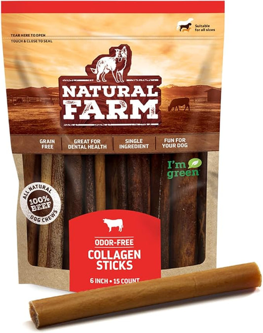 Natural Farm Collagen Sticks (6 Inch, 15 Pack). Odor-Free, 95% Natural Collagen Dog Chews, Supports Healthy Joints, Skin & Coat - Best Rawhide Alternative for Small & Medium Dogs