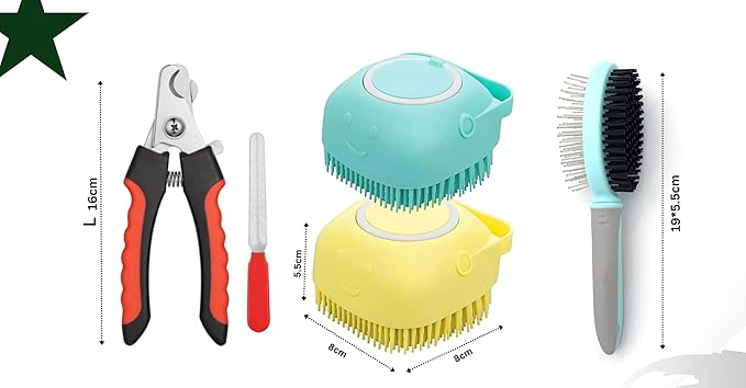 Dog Grooming Kit, 2PCS Dog Bath Brush Scrubbers, 1 Double Sided Soft Bristle and Pin Brush, 1 Professional Nail Clipper and Trimmer For Large & Mediam Dog,Cat,and Rabbit.