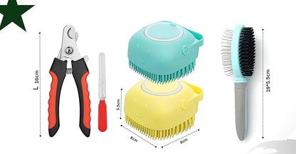 Dog Grooming Kit, 2PCS Dog Bath Brush Scrubbers, 1 Double Sided Soft Bristle and Pin Brush, 1 Professional Nail Clipper and Trimmer For Large & Mediam Dog,Cat,and Rabbit.