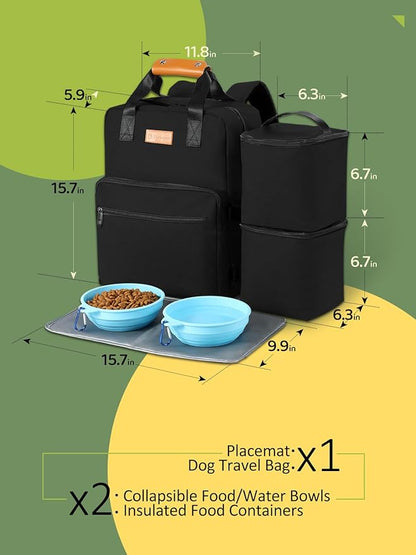 Dog Travel Bag, Airline Approved Organizer Backpack with Multi-Function Pockets, 25L Accessories Set with 2 Food Storage Containers, 2 Foldable Bowls for Weekend