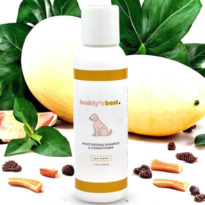 Buddy’s Best 4oz Travel-Size Dog Shampoo and Conditioner with Shea Butter, Oatmeal, Biotin, and Aloe Vera, Alcohol-Free Deep Moisturizer for Dry, Itchy Skin and Coats (Ripe Melon)