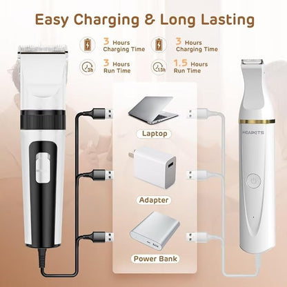 Dog Hair Clippers for Grooming Kit and Dog Paw Trimmer Nail Grinder for Grooming, Low Noise Rechargeable Cordless, Shaver Grooming Supplies for Pet Cats Dogs (White, White)