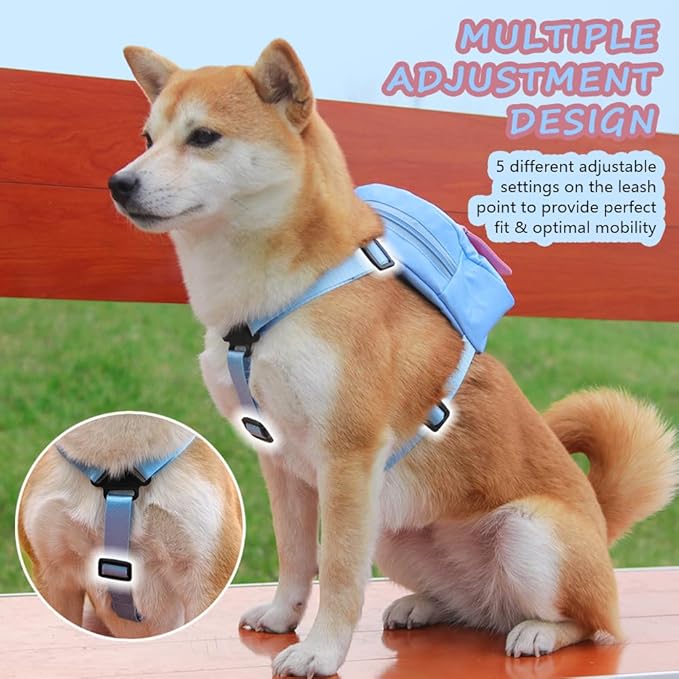 Dog Backpack Harness with Leash,Cute Pet Puppy Backpacks Bulid-in Dog Poop Bag Dispenser,Adjustable Pets Self Carrier Bag for Small Medium Dogs Travel Hiking Daily Walking (M, Blue)