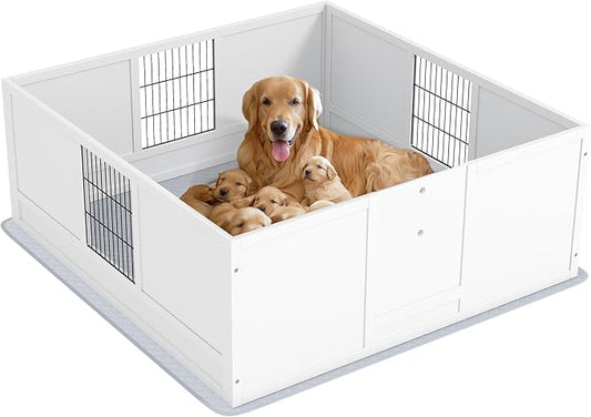 PawHut Whelping Box for Dogs and Puppies, Dog Whelping Box with Waterproof Pee Pad, Adjustable Height Door, for Large Dogs Indoor Use, 49" x 47" x 19"