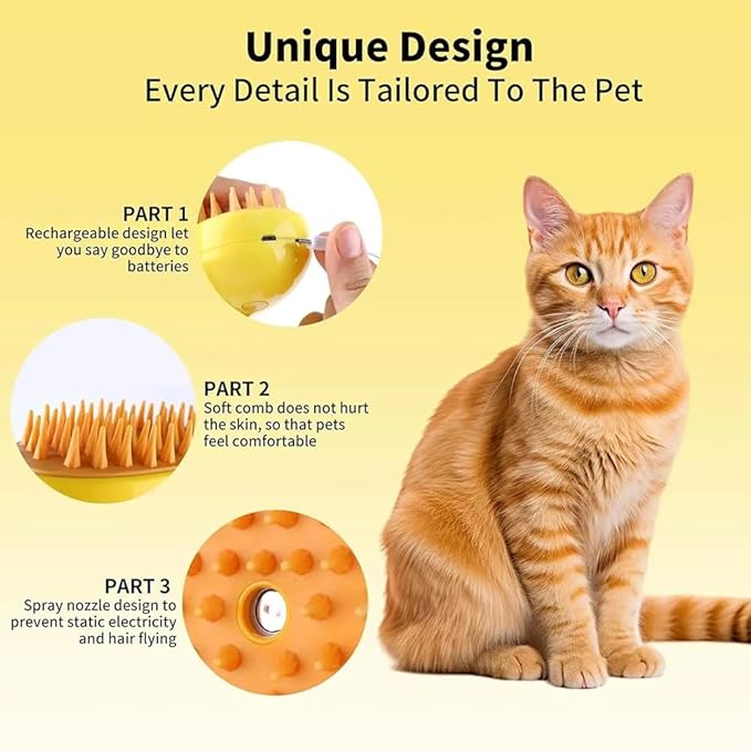 3 in 1 Pet Hair Brush, Steamy Cat Brush for Massage, Multifunctional Hair Brush for Removing Tangled and Loose Hair, Yellow, Hair Removal Comb for Cat and Dog