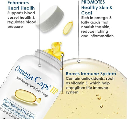 Omega Caps HP Snip Tips for Cats and Small Dogs High Potency EPA and DHA Maximum Bioavailability Fish Oil Supplement Vet Formulated Made in USA Skin Coat Joint and Heart Health 250 Capsules