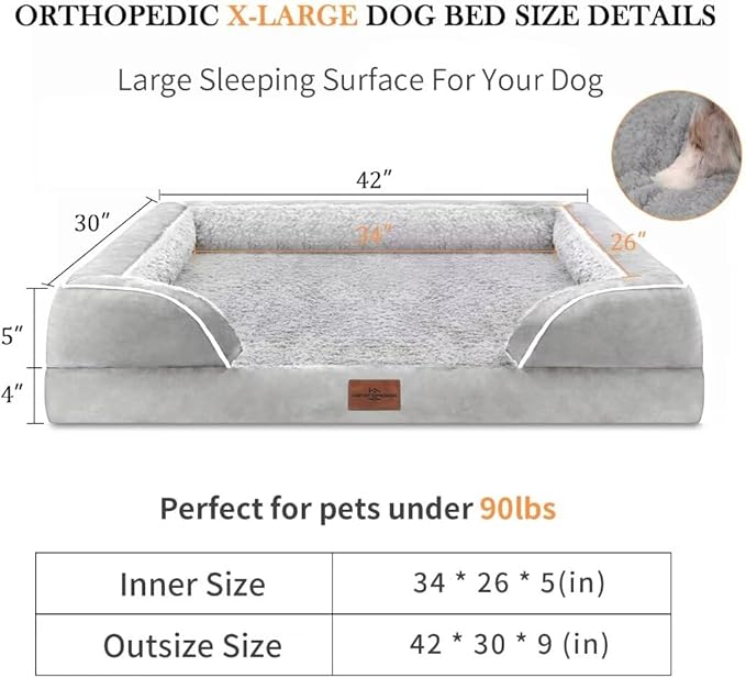 Memory Foam Cooling Dog Bed, Orthopedic Dog Beds for Extra Large Dogs, XL Dog Bed with Removable Cover, Waterproof Pet Bed Large with Bolster(X-Large,Light Grey)