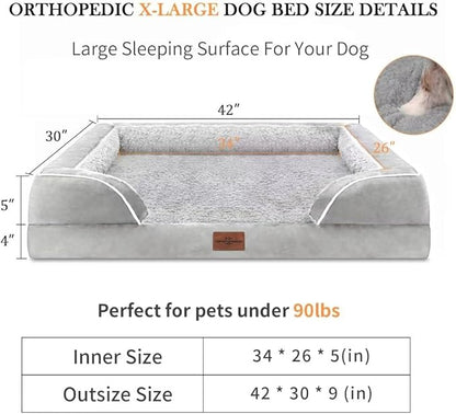 Memory Foam Cooling Dog Bed, Orthopedic Dog Beds for Extra Large Dogs, XL Dog Bed with Removable Cover, Waterproof Pet Bed Large with Bolster(X-Large,Light Grey)