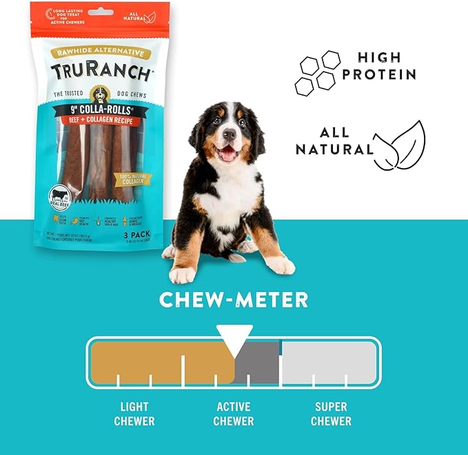 TRURANCH Collagen Rolls - 9" Collagen Rolls for Dogs - Long Lasting Healthy Joint Support Dog Treat - Rawhide Alternative - Skin & Coat Health - Made with Real Beef, 1 Bag, 3 Count