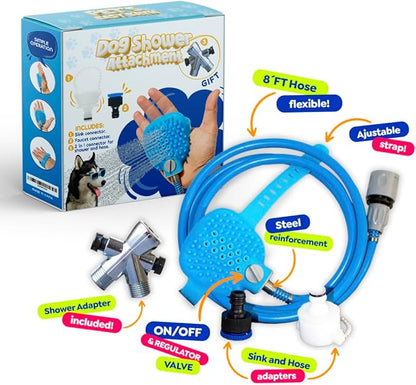 Dog Shower Attachment - Kit Pet Washing - Hose Grooming Brush - Scrubber for Bath - Cats and Dogs Bathing Supplies, Easy Installation, With Water Diverter and Sprayer, Metal Reinforcement