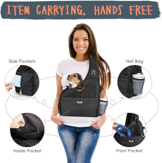 SlowTon Pet Dog Sling Carrier, Hands Free Hard Bottom Papoose Small Animal Puppy Up to 6 lbs Travel Bag Tote Breathable Mesh Support Adjustable Padded Strap Pocket Safety Belt(Widened Black)
