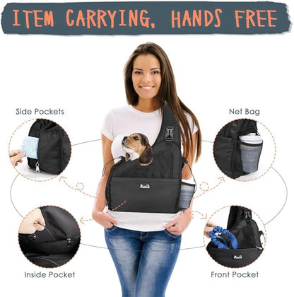 SlowTon Pet Dog Sling Carrier, Hands Free Hard Bottom Papoose Small Animal Puppy Up to 6 lbs Travel Bag Tote Breathable Mesh Support Adjustable Padded Strap Pocket Safety Belt(Widened Black)