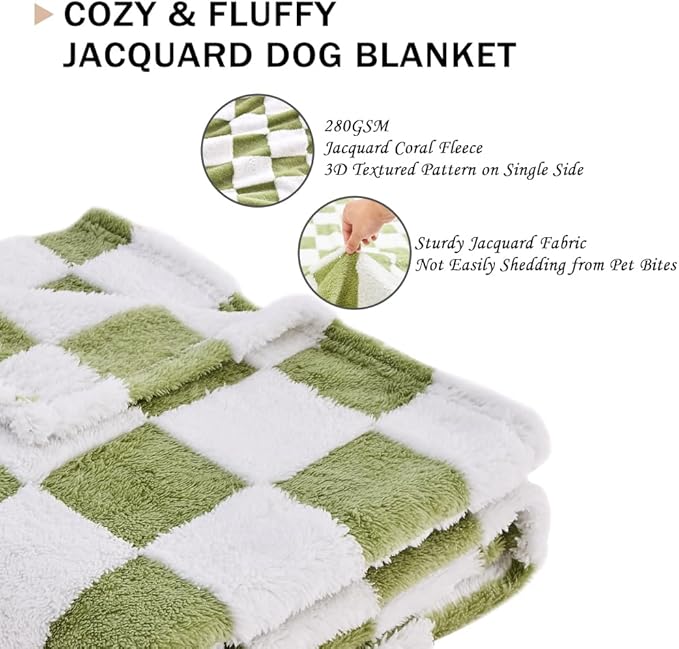 Qeils Jacquard Dog Blankets for Large Dogs, Cozy Calming Pet Blanket Washable for Couch Protection, 280GSM Coral Fleece Plush Fluffy Throw Blanket, Sage Green Checkered, 50x60IN
