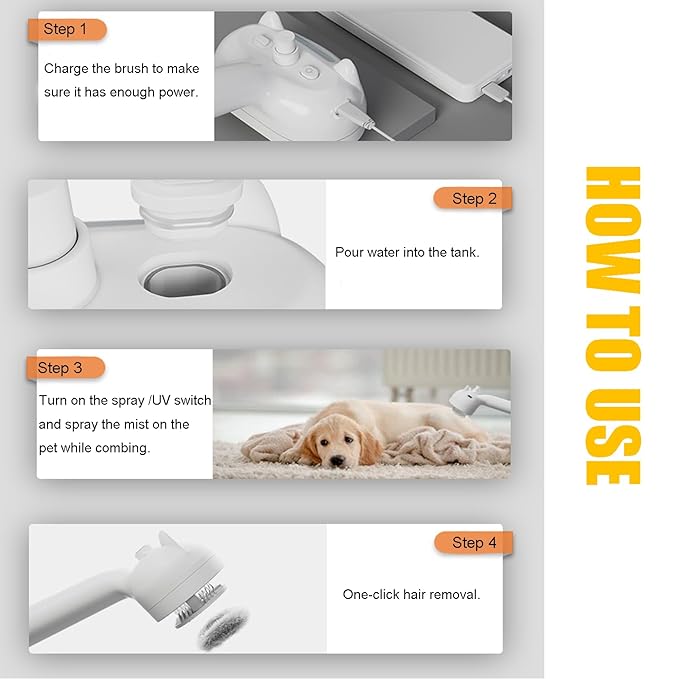 Cat Steam Brush, 4 in 1 Steamy Pet Brush For Cats & Dogs, Spary Cat Brush For Pet Grooming, Cats Dogs Hair Comb With Release Buttom and Water Tank, Cats Dogs Cleaning Brush (White Long Brush)