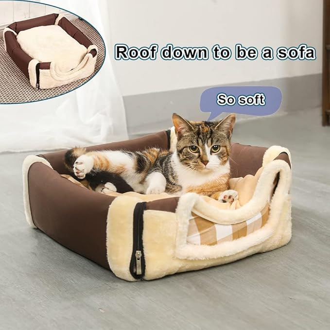 ANPPEX Small Igloo Dog House Indoor,M Size Dog Cave for Small Dogs and Cats,2-in-1 Washable Covered Dog Bed,Brown