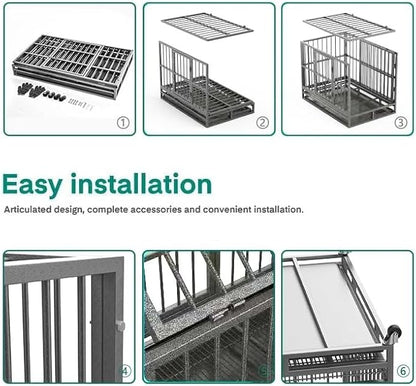 38 Inch Heavy Duty Indestructible Dog Kennel with Wheels, High Anxiety Kennel, Sturdy Locks Design, Double Door and Removable Tray, Extra Large XL XXL Dog Crate