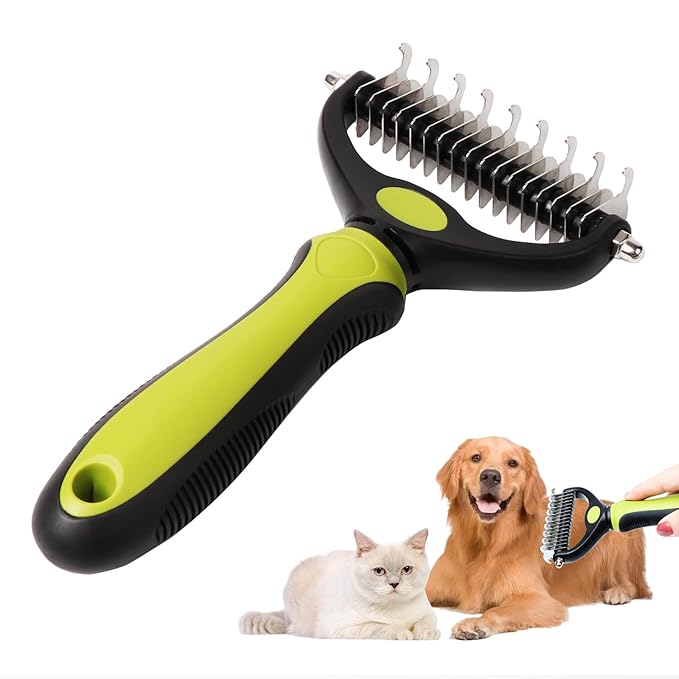 Dematting comb for Dogs, Cat deshedding Brush,Pet undercoat brushes, Dog Grooming Rakes for long haired Dogs-Double Sided Shedding,Dog brush for matted hair (Green)